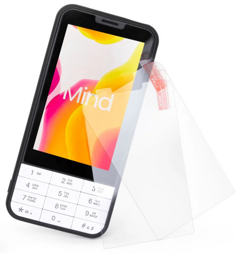 Phone with protective screen film and black clip on a white background